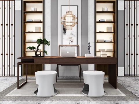  中式书桌书柜吊灯挂画装饰3d模型 