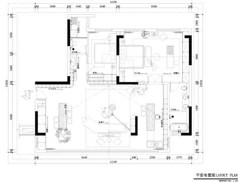 两室一厅两卫室内家装平面图CAD施工图cad施工图