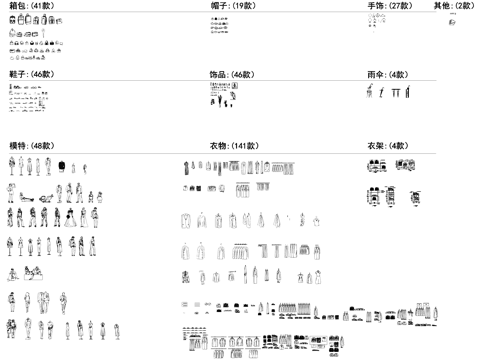 衣服箱包帽子鞋子饰品服装模特CAD图块图库cad施工图