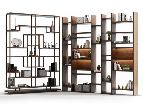  现代中式 多层开放式书架组合 实木金属框架 几何美学设计 多功能收纳书架 客厅书房隔断置物架免费3d模型 