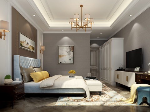  轻奢卧室 卧室背景墙 吊灯 床 挂画3d模型 