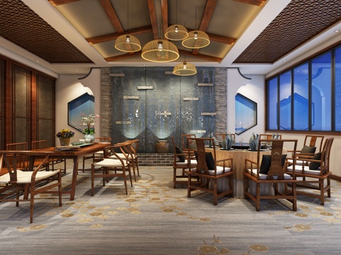  新中式包厢会所 餐饮店3d模型 