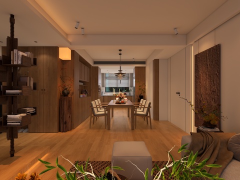  现代复古餐厅 酒柜 餐桌 吊灯 厨房 装饰架3d模型 