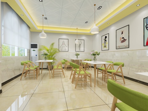  现代餐厅 装饰画 餐桌椅组合 花卉 盆景 空调 窗帘 吊灯3d模型 