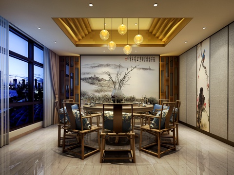  新中式包间  茶镜 吊灯 餐桌椅3d模型 