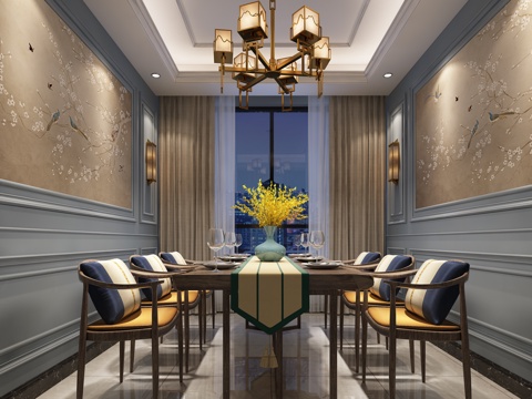  新中式餐厅包房 客餐厅 餐桌椅 客厅 吊灯3d模型 
