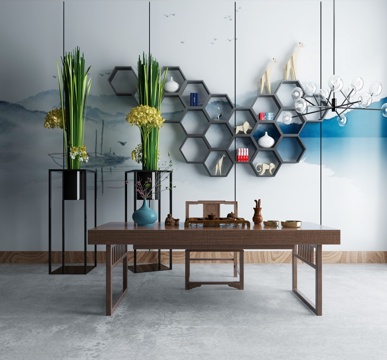  新中式书桌椅组合3d模型 