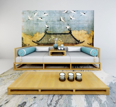  新中式罗汉床 摆件组合3D3d模型 