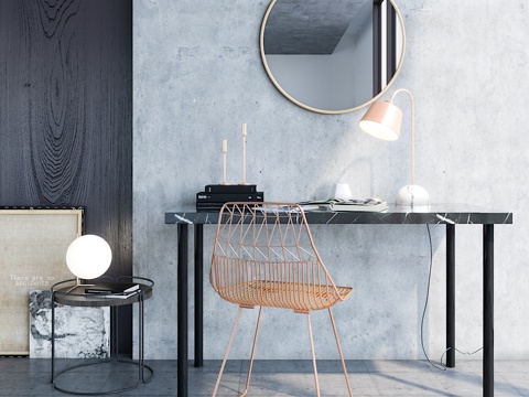  现代大理石书桌 圆形金属边几 材质装饰画 台灯 圆形镜子3d模型 