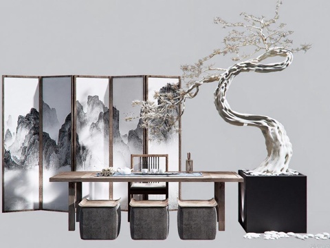  中式茶室东方美学室内设计 禅意3D模型场景 静物渲染参考图免费3d模型 