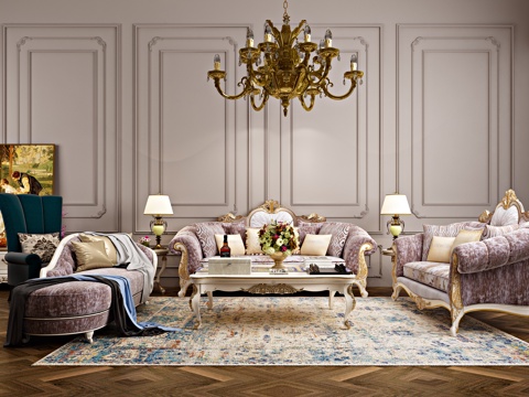  经典欧式 客厅 沙发 茶几 电视柜 吊灯 休闲椅组合模型3d模型 