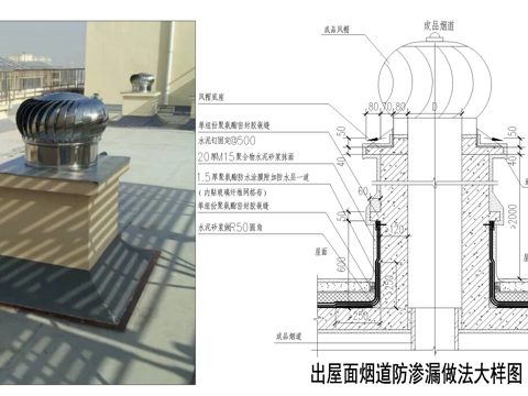 屋顶不锈钢通风帽、屋面烟道防渗漏、屋顶旋转通风帽、屋顶通风口cad施工图