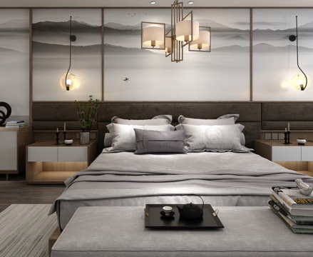  新中式床组合 双人床 吊灯 床头柜3d模型 