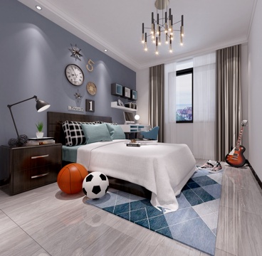  现代风格儿童房 双人床 吊灯 挂画 床头柜 台灯 电视3d模型 
