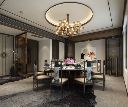  新中式包间 中式吊灯 中式餐桌 包厢3d模型 