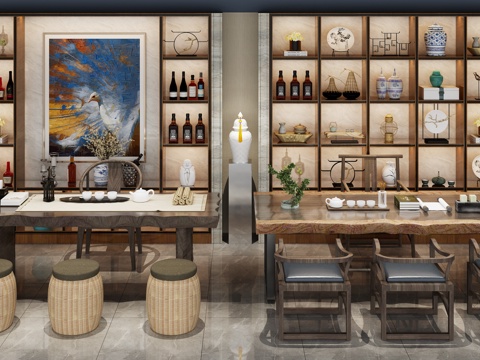  中式茶桌椅书柜组合3d模型 