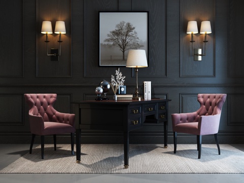  欧式布艺沙发 书桌 装饰画 壁灯 欧式护墙板 灰色地毯3d模型 