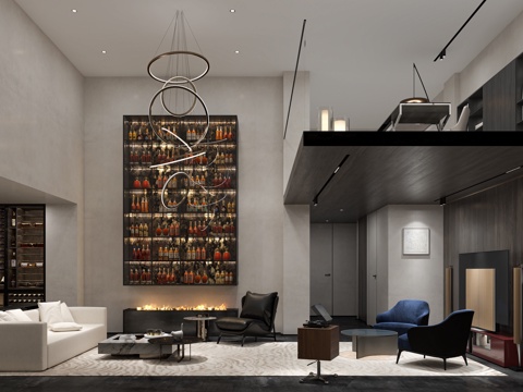  现代意式复式客厅影音室家庭娱乐酒窖书房地下室3d模型 