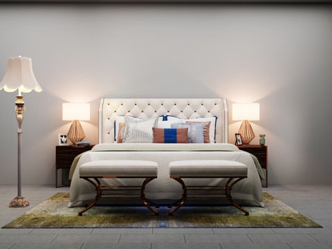  现代卧室家具组合 双人床 落地灯3d模型 