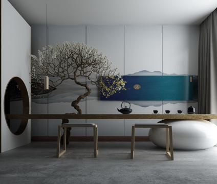  新中式茶桌椅组合3d模型 