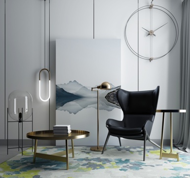  现代茶几沙发组合挂画 地毯 水墨画背景墙3d模型 