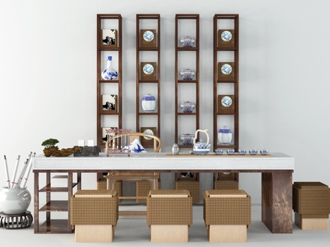  新中式泡茶桌  麻绳凳子 博古架 茶具  盆栽  中式茶桌3d模型 