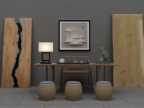  实木大板 新中式茶室 茶台组合3d模型 