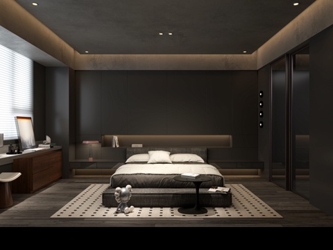  现代意式卧室主卧黑白卧室3d模型 
