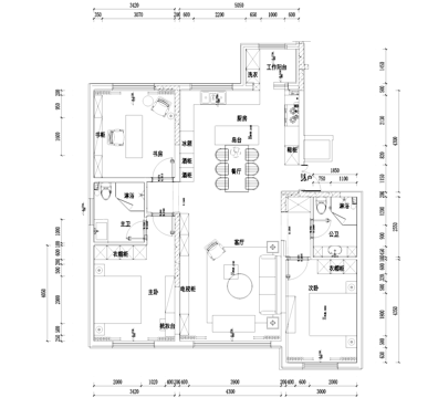 三室两厅两卫室内家装平面图cad施工图