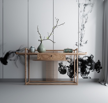  现代茶几沙发组合挂画 地毯 水墨画背景墙3d模型 