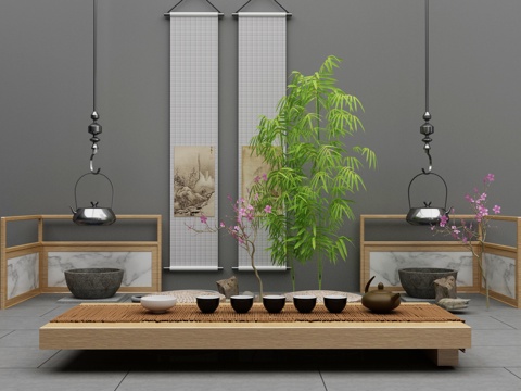  新中式新中式茶室 茶台组合3d模型 