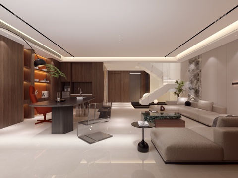  现代地下室 书房 休闲区 会客区 楼梯造景3d模型 