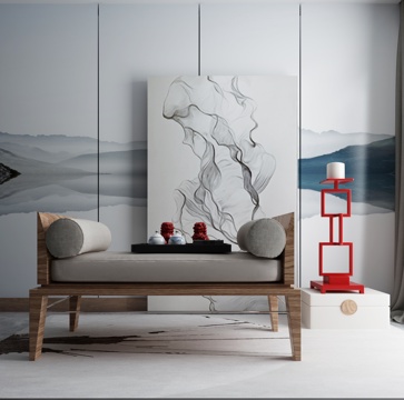  现代茶几沙发组合挂画 地毯 水墨画背景墙3d模型 