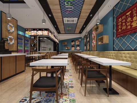  现代快餐店 桌子 椅子 餐饮店3d模型 