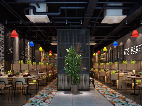  工业风餐厅模型 吊灯 餐桌 空调3d模型 