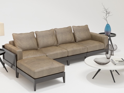  现代皮革多人沙发 简约茶几 边几 现代台灯3d模型 