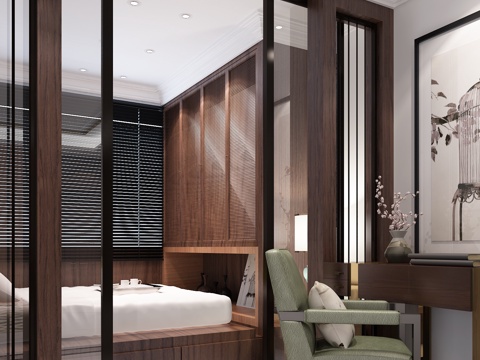  新中式榻榻米 卧室 书房 休息室3d模型 