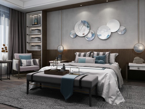  新中式卧室 双人床 装饰墙 单椅 电视柜3d模型 