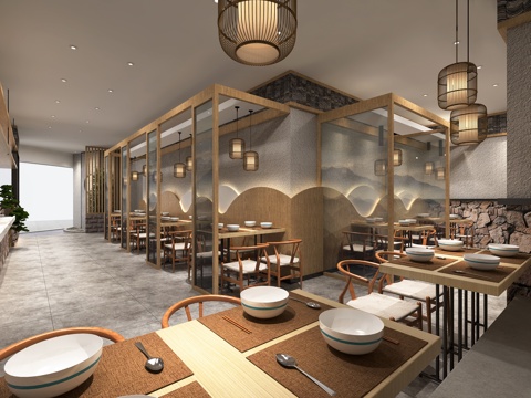  新中式面馆 餐桌椅  吊灯 竹子  小食店3d模型 