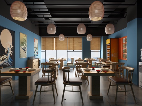  日式餐厅 吊灯 餐桌椅3d模型 