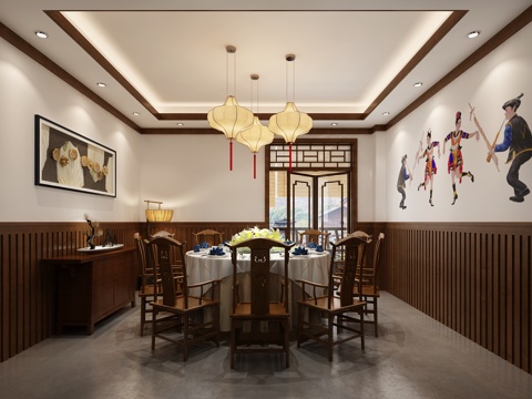  中式餐厅吊灯 餐桌 吊灯 餐桌椅3d模型 