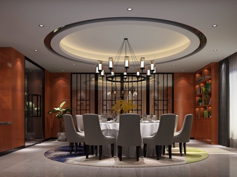  新中式 包厢 桌椅 吊灯 展柜3d模型 