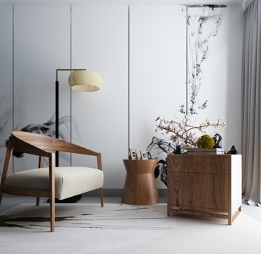  现代茶几沙发组合挂画 地毯 水墨画背景墙3d模型 