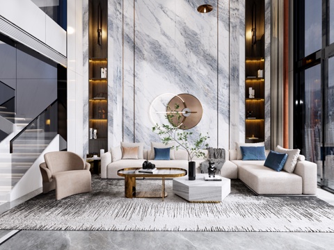 现代轻奢别墅中空客厅su模型