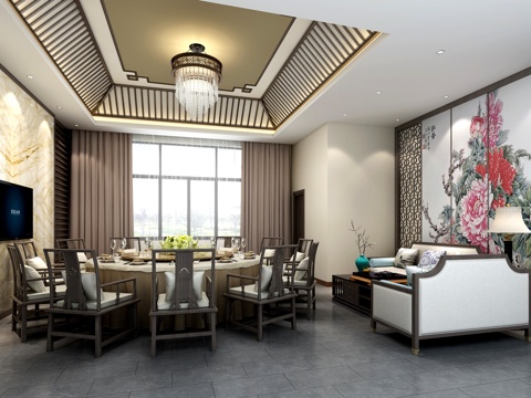  新中式包厢 餐桌椅 沙发 吊灯 背景墙3d模型 