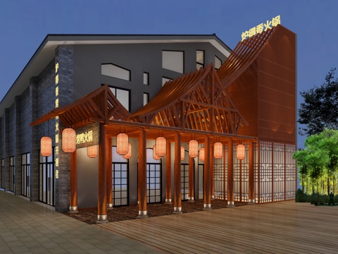  新中式餐饮门头3d模型 