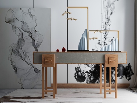  现代茶几沙发组合挂画 地毯 水墨画背景墙3d模型 