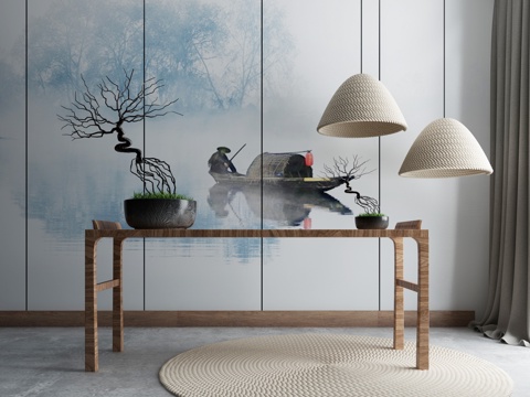  现代茶几沙发组合挂画 地毯 水墨画背景墙3d模型 