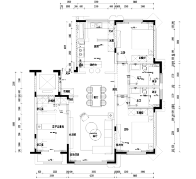三室两厅两卫室内家装平面图cad施工图