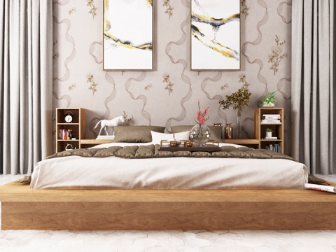  现代中式床床头柜相框组合 挂画3d模型 